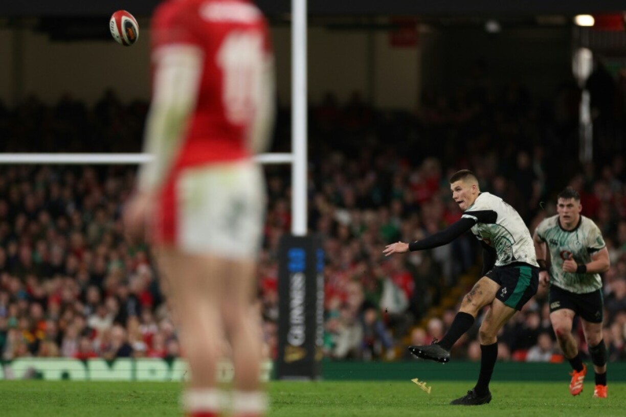 Ireland's fly-half Sam Prendergast kicks a penalty