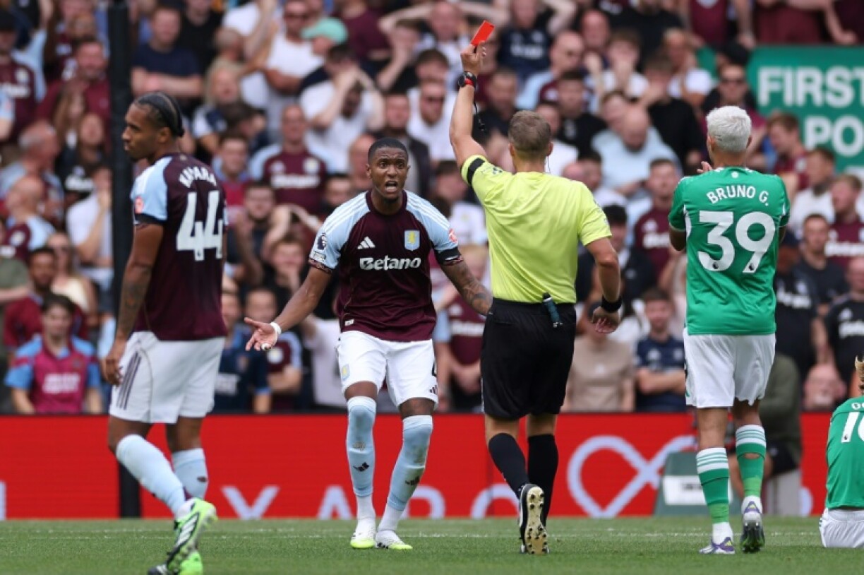 Aston Villa defender Ezri Konsa was sent off against Newcastle
