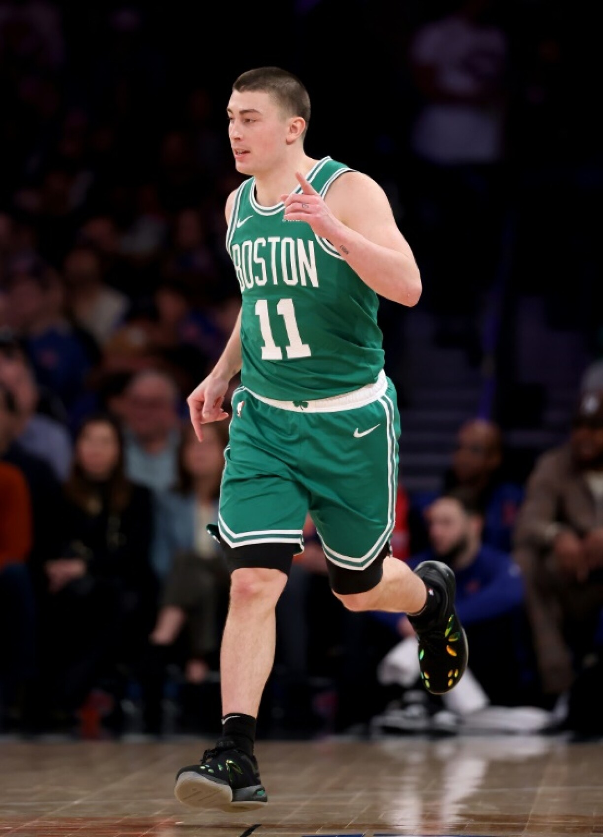 Payton Pritchard, le meneur des Celtics de Boston, lors d'une rencontre de NBA contre les Knicks de New York, au Madison Square Garden de New York, le 8 février 2025