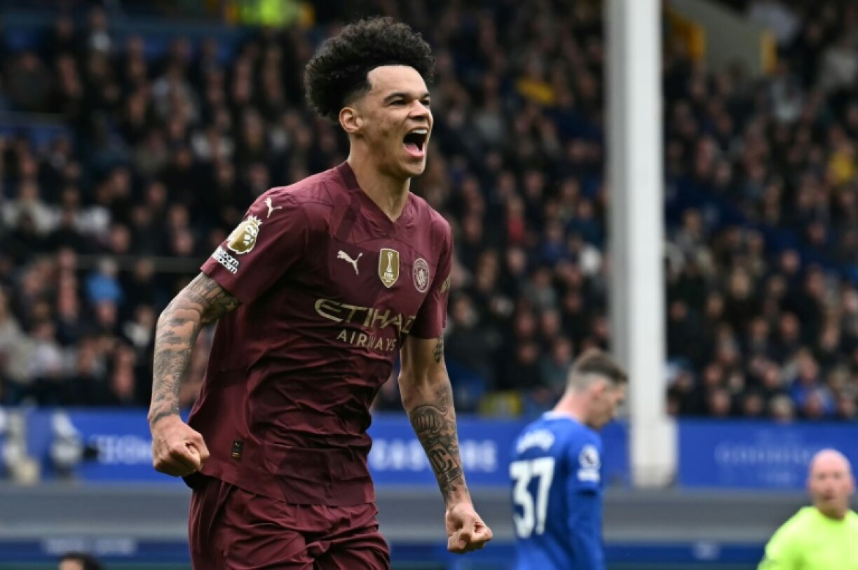 Manchester City's Nico O'Reilly celebrates after scoring against Everton