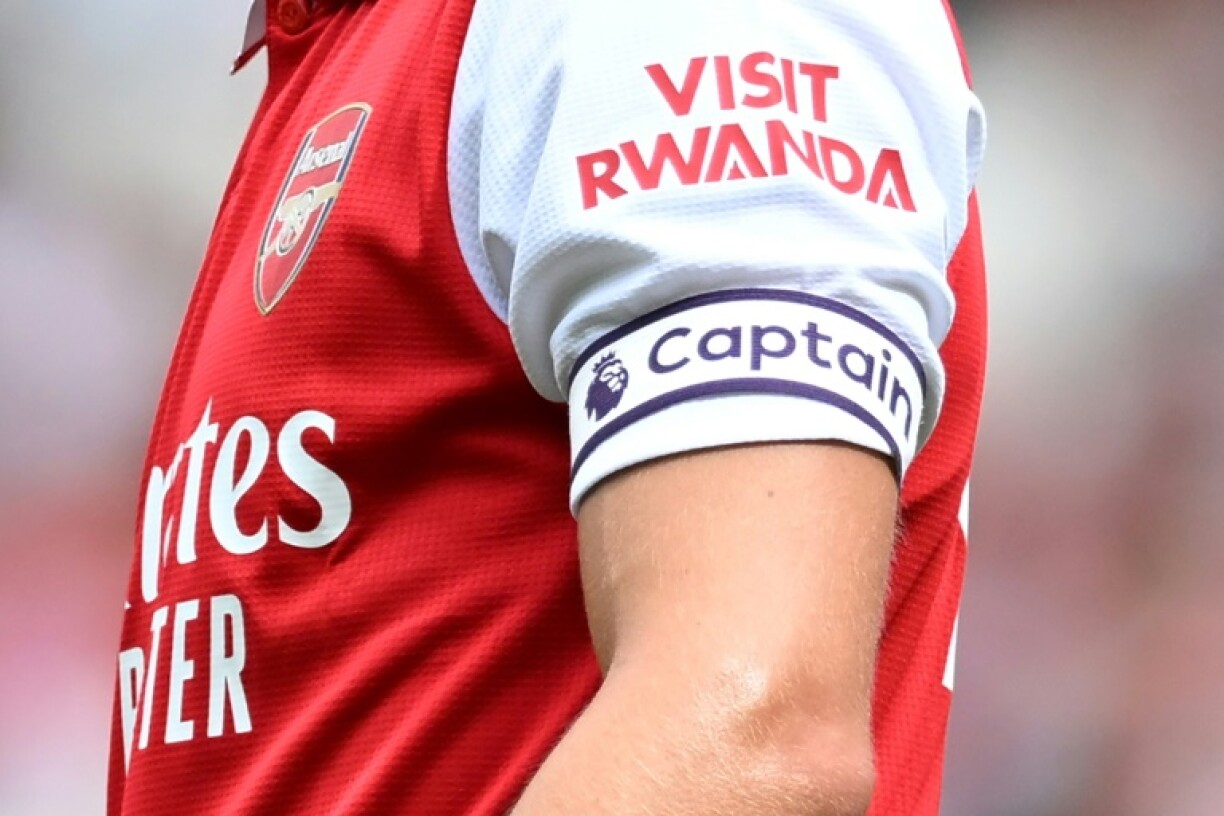 The Visit Rwanda logo on the sleeve of Arsenal player Martin Odegaard in 2022