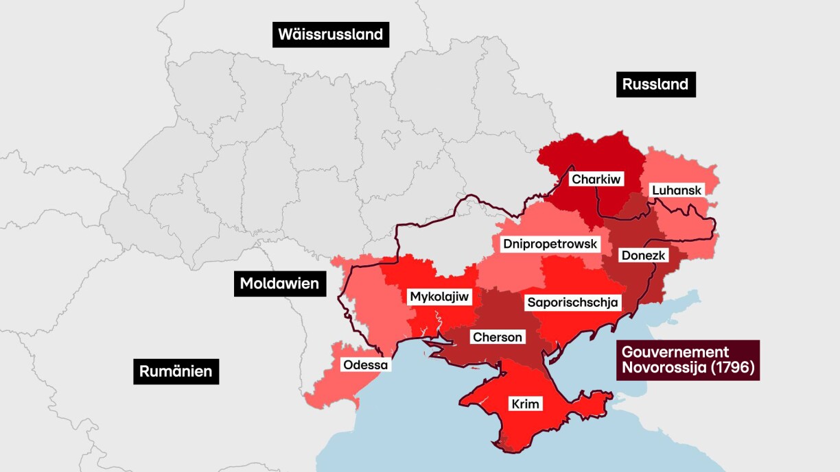 Map of the Government of Novorossija in 1796 and the concept today