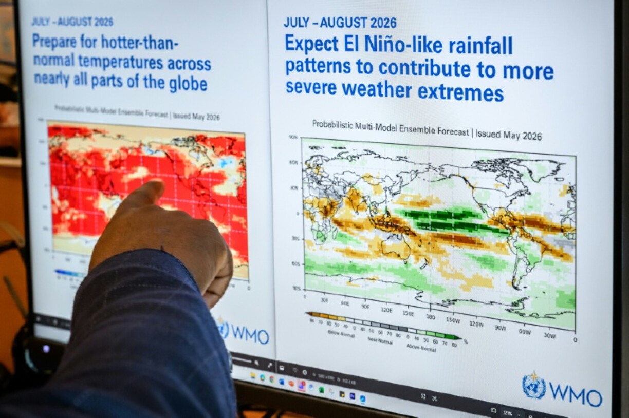 Un écran d'ordinateur affiche des données sur le phénomène de réchauffement El Niño au siège de l'Organisation météorologique mondiale (OMM), le 1er juin 2026 à Genève