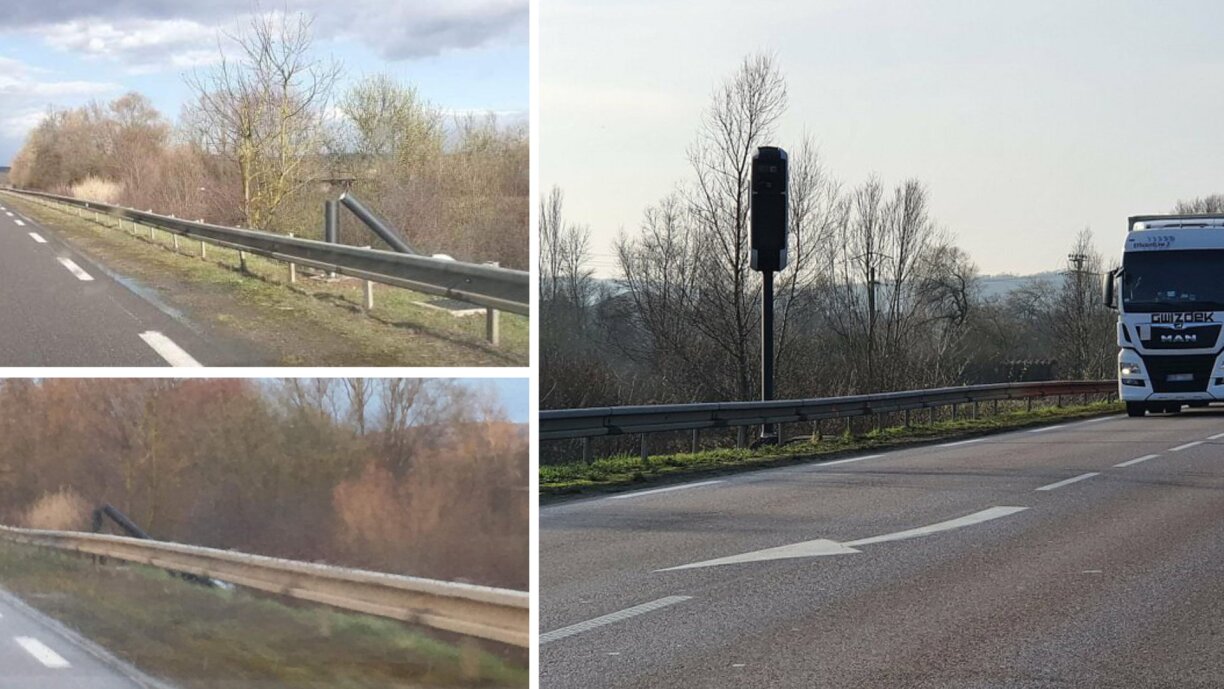 Les photos des dégâts le 12 mars 2021 à gauche et le radar tourelle de Koenigsmacker intact quelques mois auparavant à droite