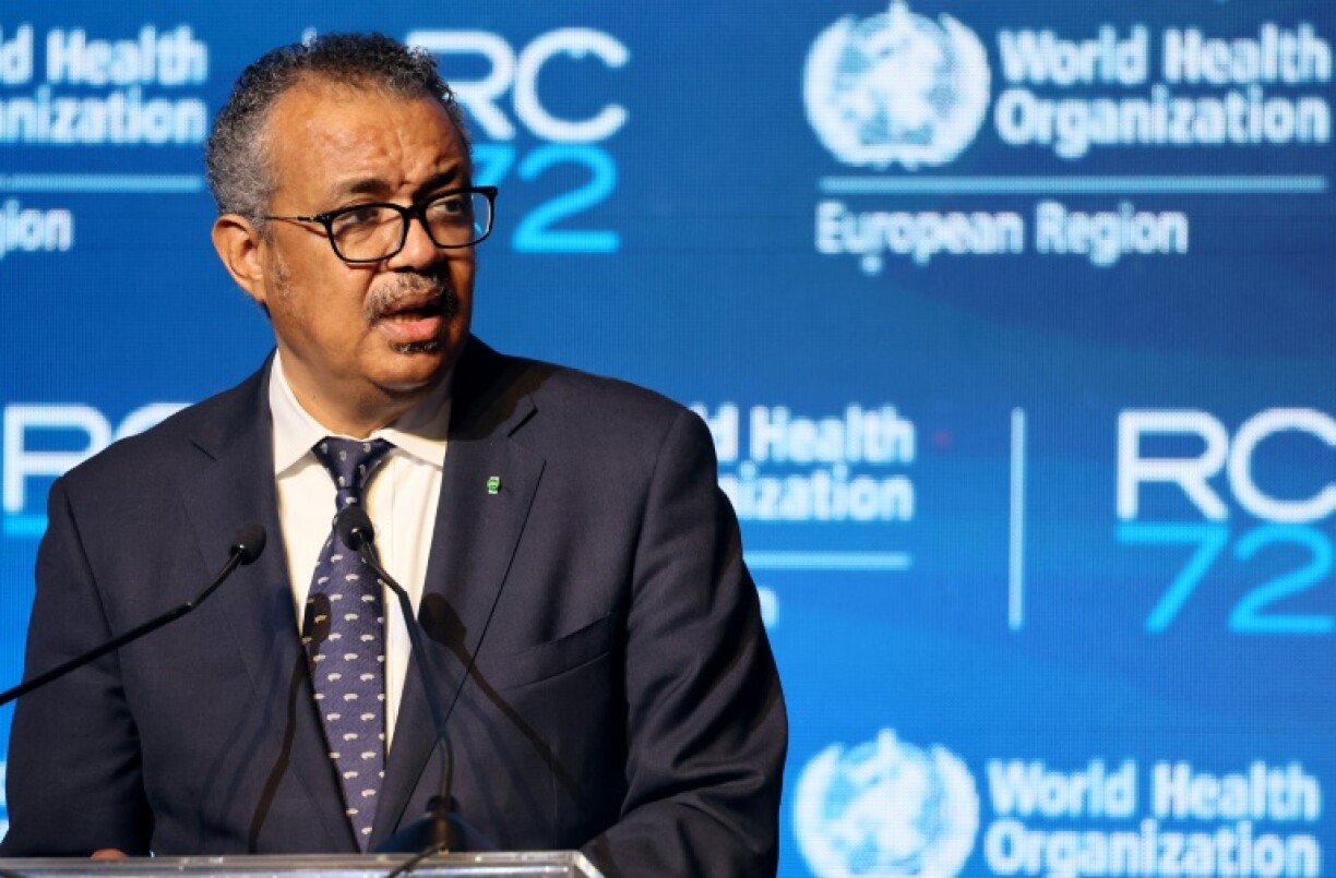 Le directeur général de l'OMS Tedros Adhanom Ghebreyesus lors d'un discours à Tel Aviv, le 12 septembre 2022