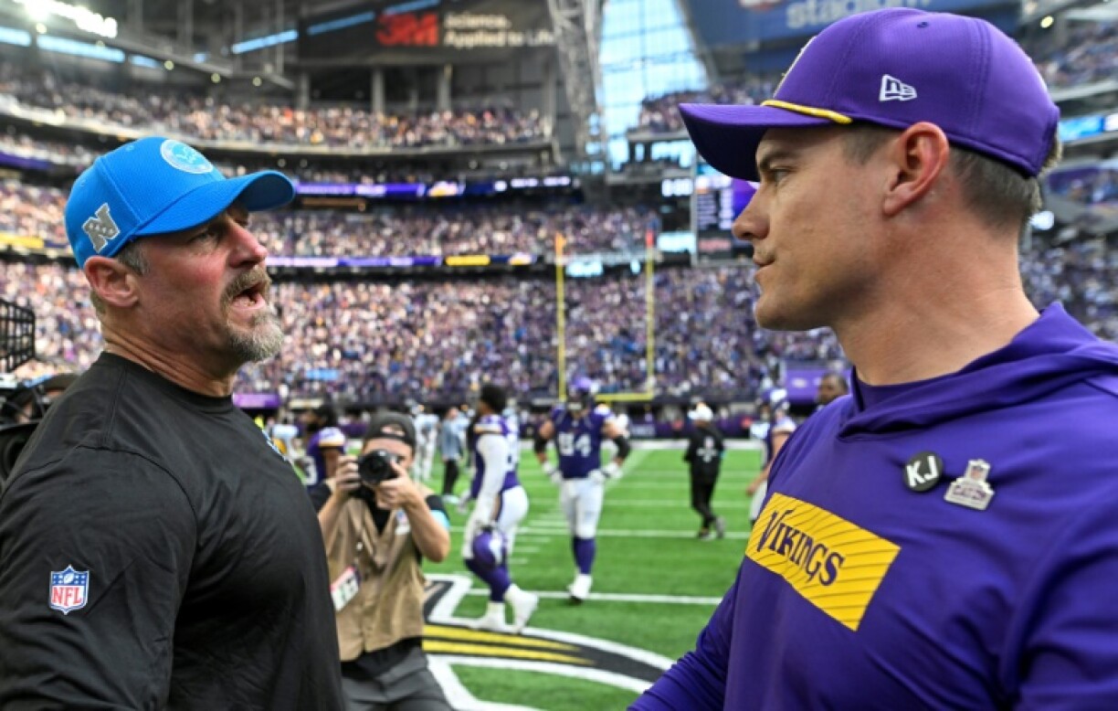 Minnesota Vikings coach Kevin O'Connell, right, and Detroit coach Dan Campbell will guide their clubs into a season-ending NFL showdown to decide a playoff top seed, first-round bye and post-season home-field edge