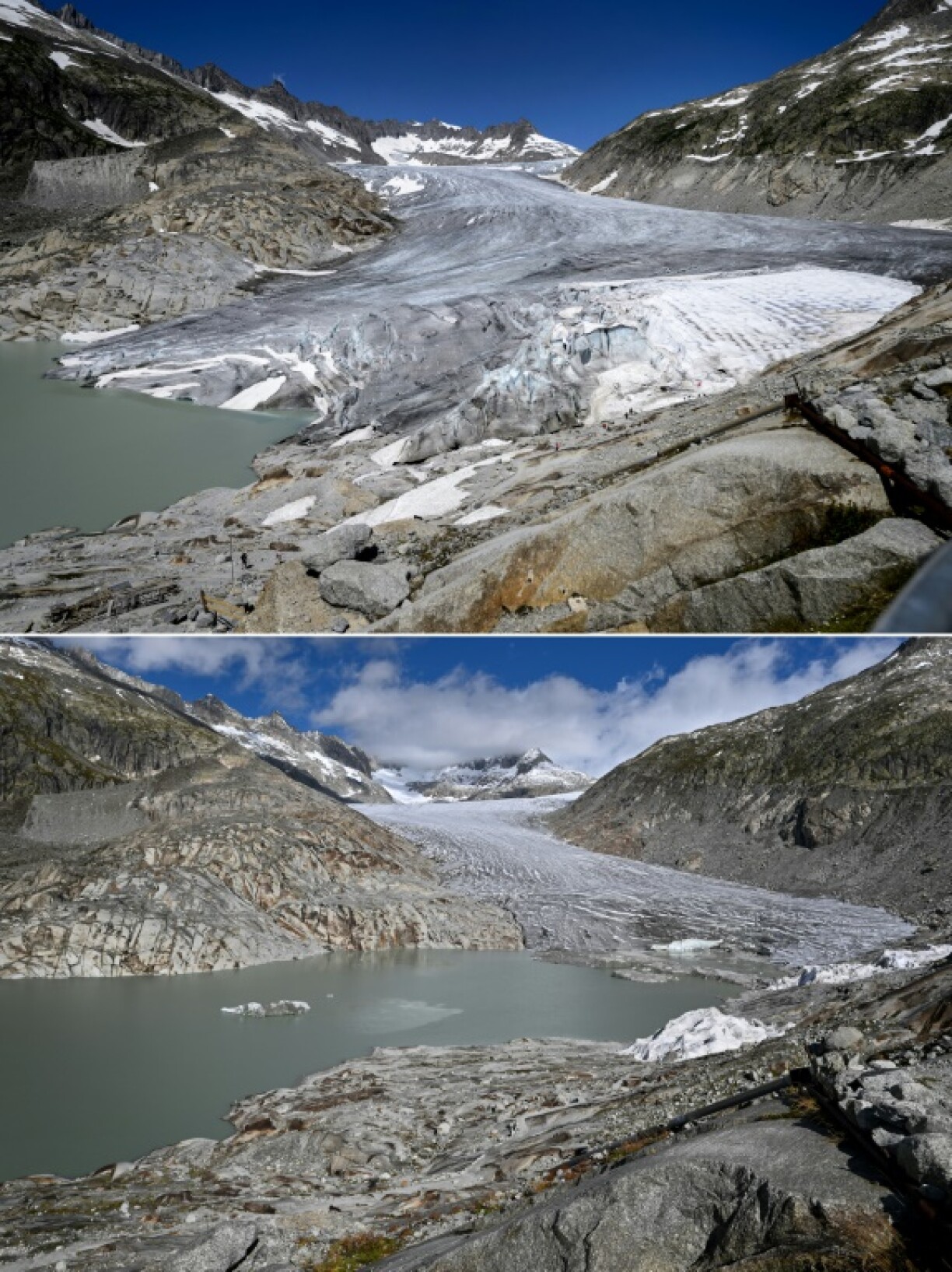 The Rhone Glacier in July 2015 (top) and September 2024 (bottom)