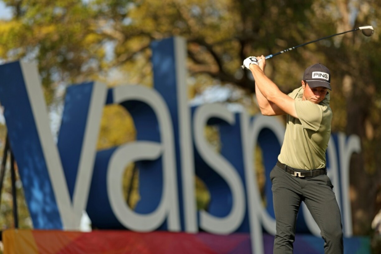 Norway's Viktor Hovland plays a tee shot on the way to a share of the third-round lead in the US PGA Tour Valspar Championship