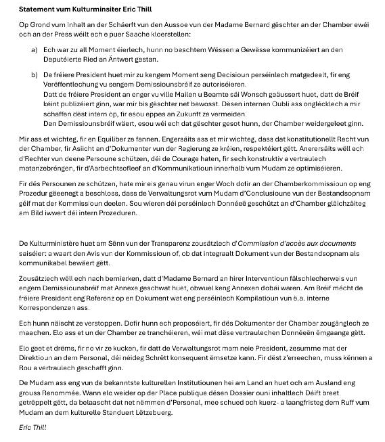 Le communiqué du ministre de la Culture, Eric Thill