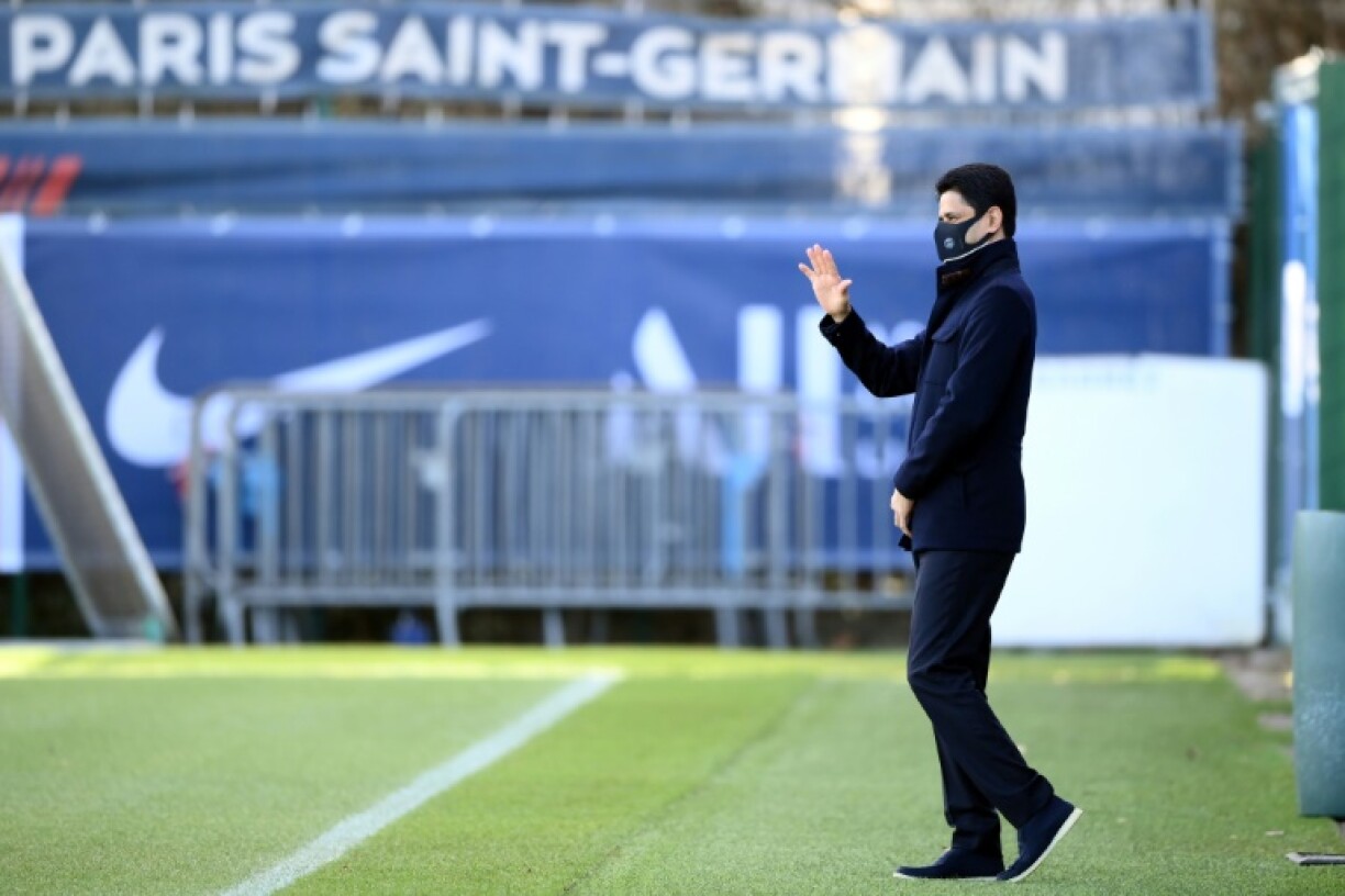 Le président Nasser Al-Khelaïfi venu assiter à une séance d'entraînement des joueurs du PSG au Camp des Loges, le 14 février 2022