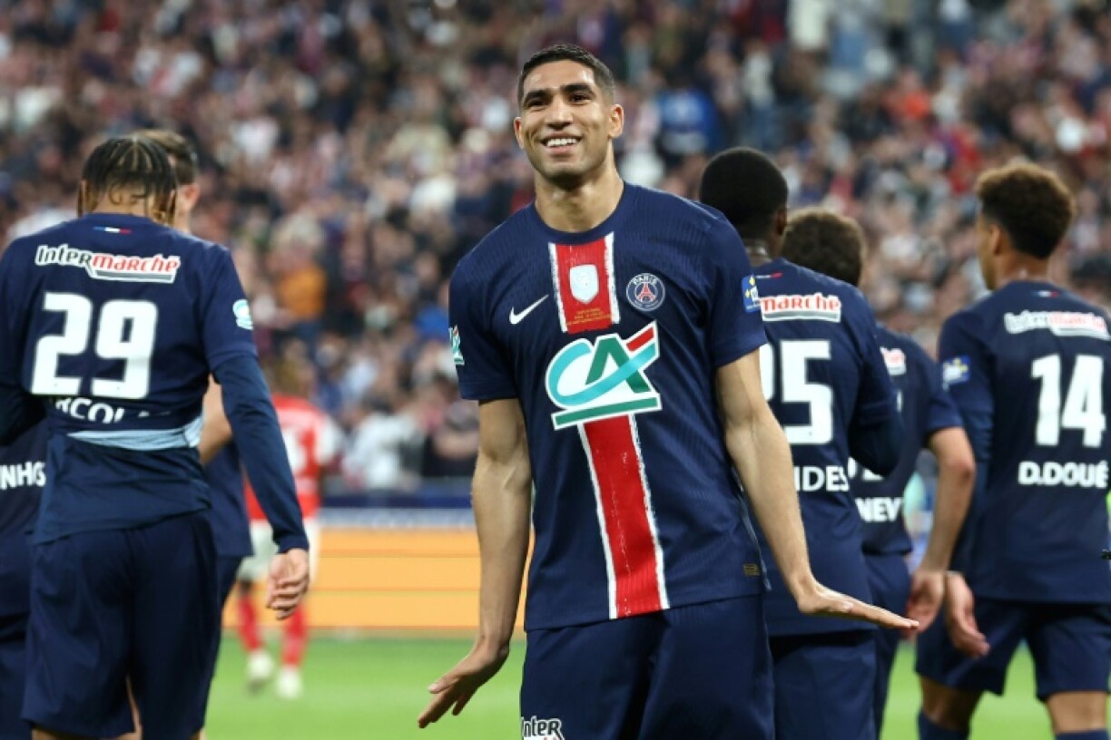 PSG's Achraf Hakimi celebrates after scoring in last weekend's French Cup final