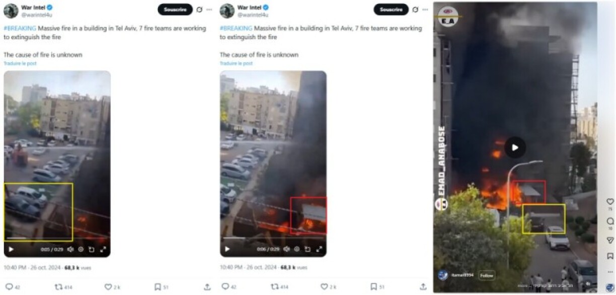 Comparisons of videos showing the same fire from different angles, with corresponding elements highlighted by AFP