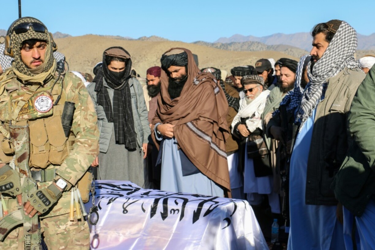 Sirajuddin Haqqani (C), the Taliban government's interior minister, attended the funeral ceremony of his uncle, refugees minister Khalil Ur-Rahman Haqqani, who was killed in an attack claimed by the Islamic State group