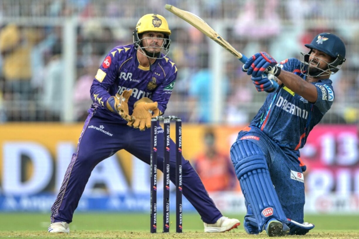 Lucknow Super Giants' Nicholas Pooran (R) in action during the Indian Premier League (IPL) Twenty20 cricket match against Kolkata Knight Riders