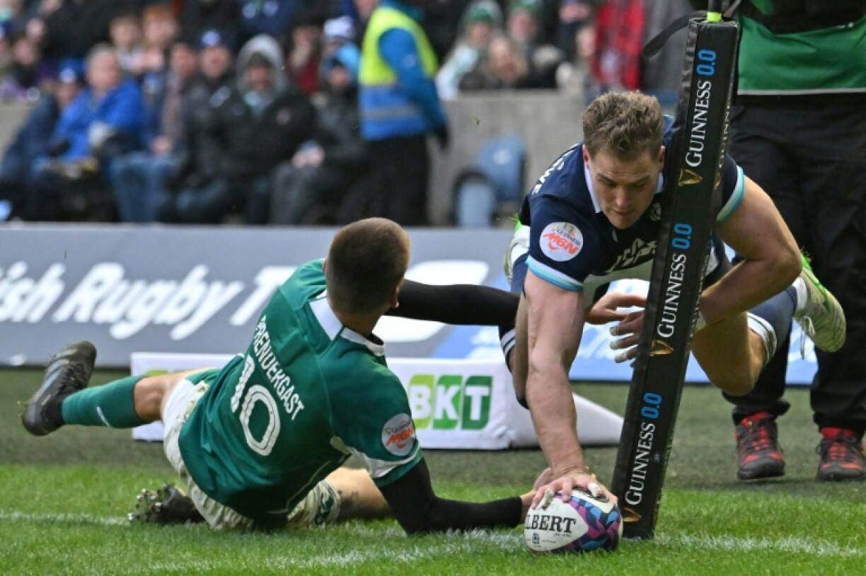 Hitting back: Scotland's Duhan van der Merwe twisted over for a try just before half time