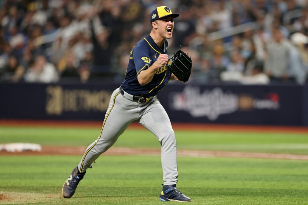 Milwaukee pitcher Jacob Misiorowski reacts during the Brewers' victory over the Tampa Bay Rays to clinch the World Series title