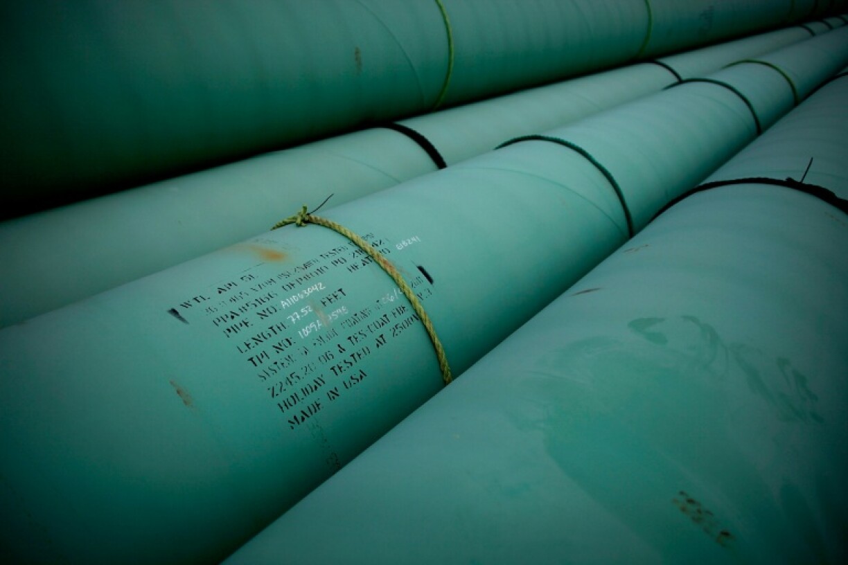 Pipes are stacked at the southern site of the Keystone XL pipeline in Cushing, Oklahoma in March 2012