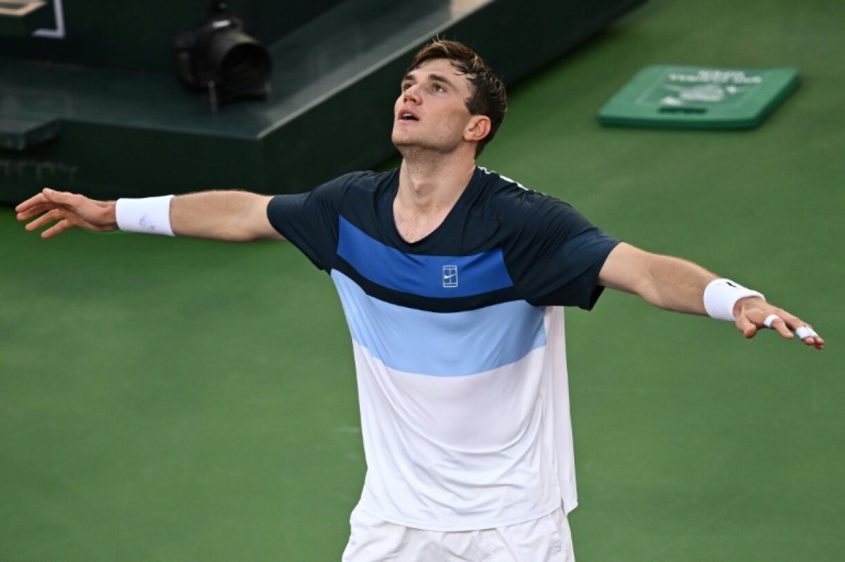Britain's Jack Draper reacts after beating two-time defending champion Carlos Alcaraz in the semi-finals at Indian Wells