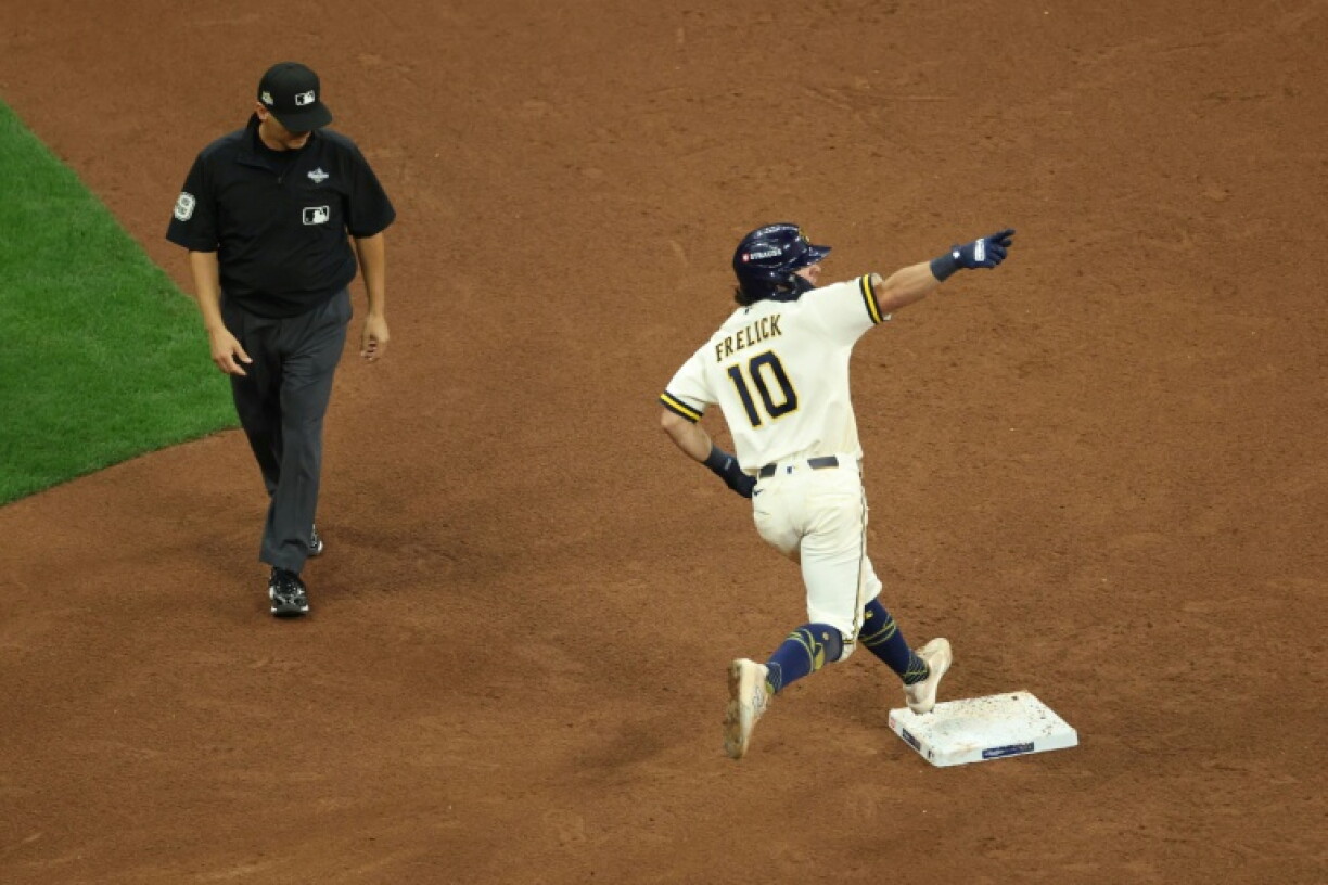 Milwaukee's Sal Frelick celebrates after hitting a crucial solo home run in the Brewers' World Series game two defeat of Tampa Bay