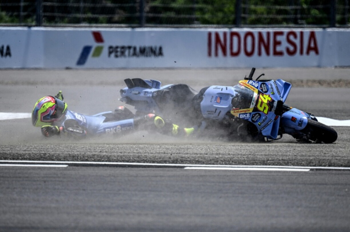 Gresini Racing MotoGP rider Fermin Aldeguer of Spain skids off the track after crashing during a free practice ahead of the MotoGP Indonesian Grand Prix at the Mandalika International Circuit in Mandalika on October 9, 2026.