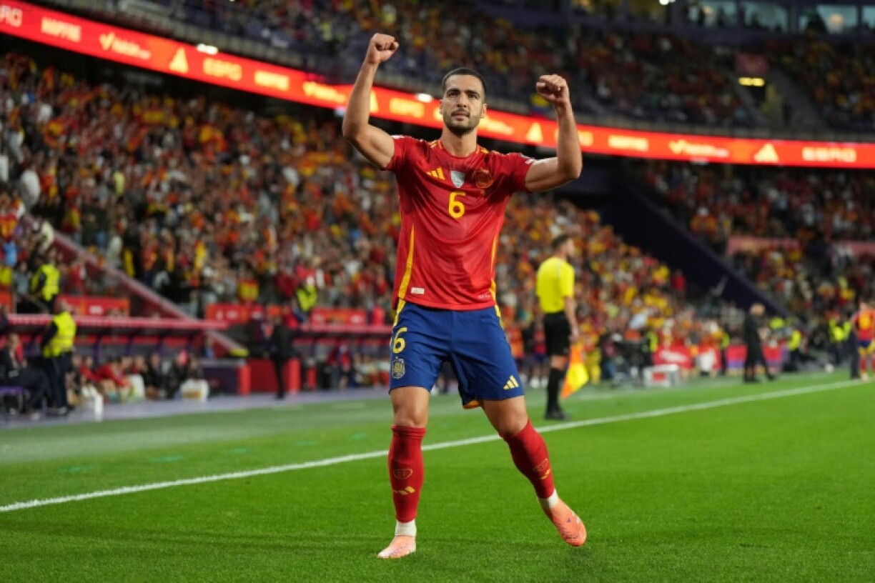 Spain midfielder Mikel Merino celebrates scoring his team's first goal during the 2026 World Cup qualifier against Bulgaria