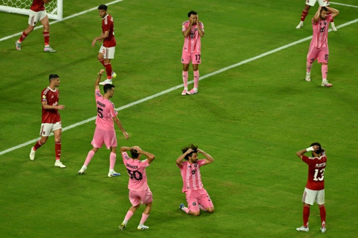 Inter Miami's Uruguayan defender Maxi Falcon (bottom center) reacts after a last-gasp effort is saved in his team's Club World Cup draw with Al Ahly