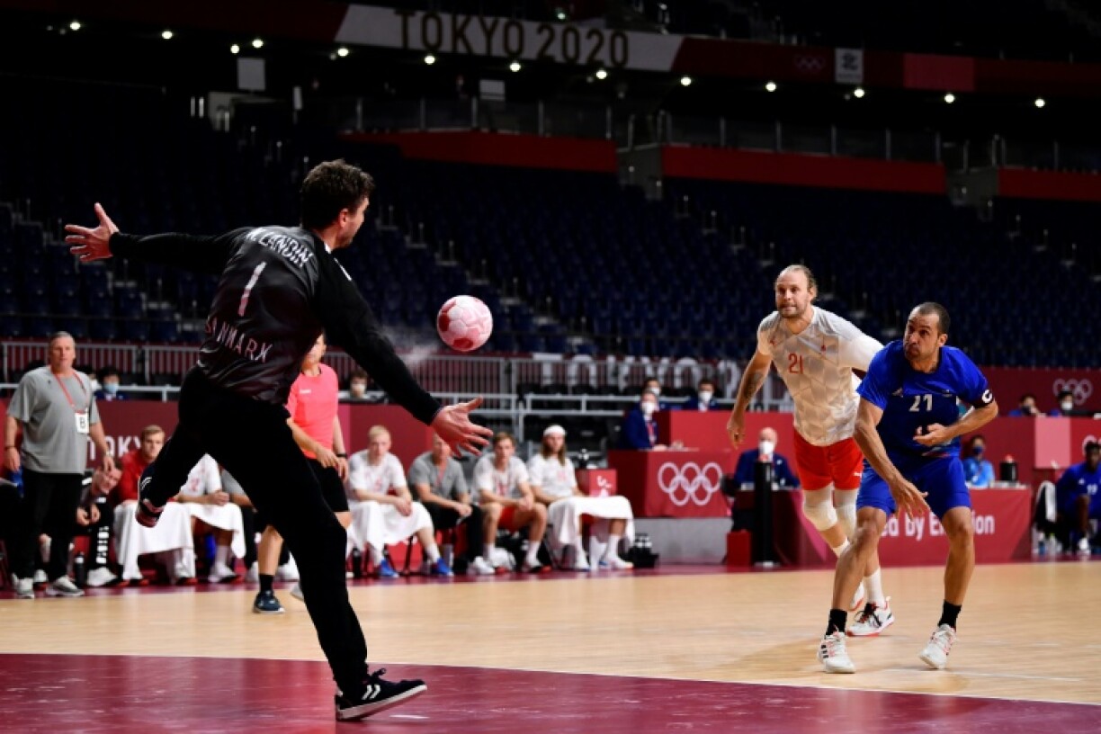 La capitaine de l'équipe de France, Michael Guigou, lors de la finale de handball contre le Danemark, le 7 août 2021 aux Jeux Olympiques de Tokyo 2020