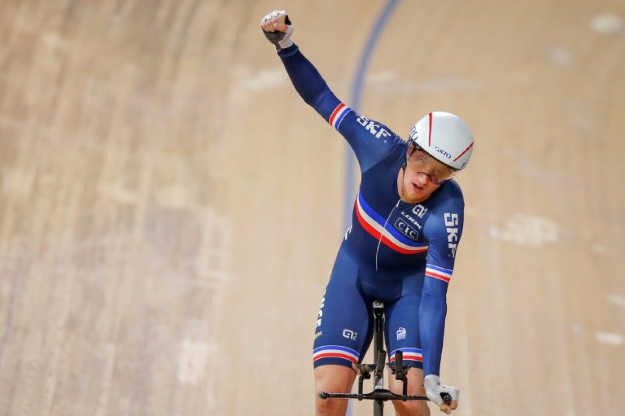 Corentin Ermenault en poursuite lors des Mondiaux de cyclisme sur piste à Berlin, le 28 février 2020