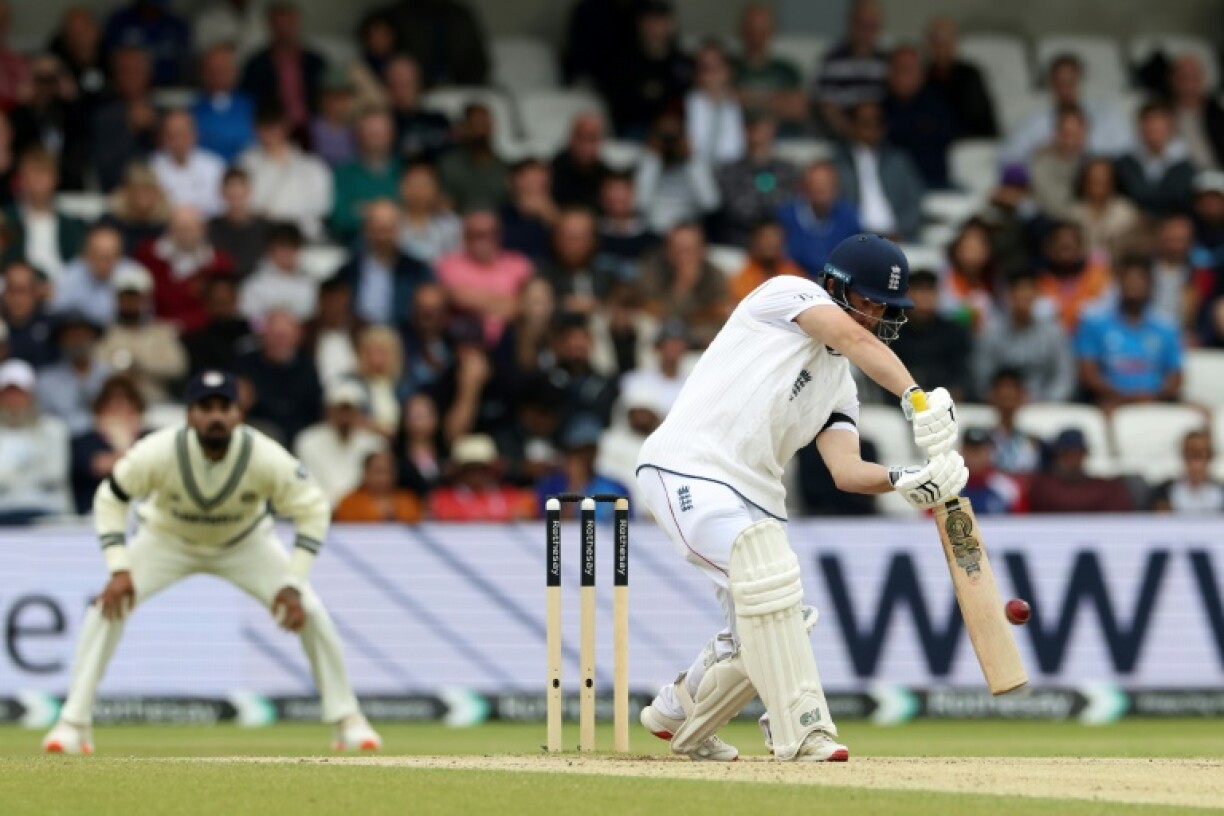 England's Ben Duckett drives on his way to 149 in the first Test against India at Headingley