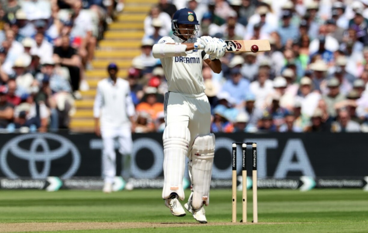 India's Yashasvi Jaiswal cuts Josh Tongue for four to complete a fifty