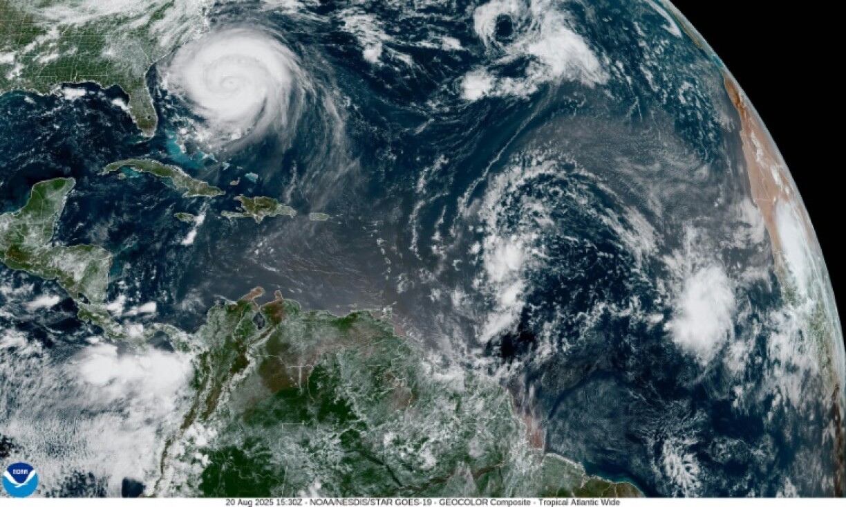 This satellite image provided by the National Oceanic and Atmospheric Administration (NOAA) shows Hurricane Erin forming in the Atlantic Ocean on August 20, 2025