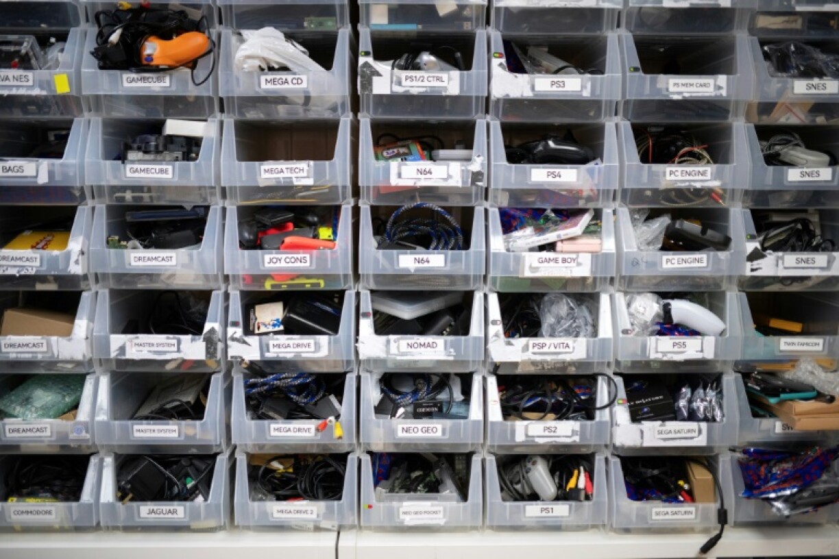 Components, cables and games for retro consoles are used to test the repairs completed in the RetroSix workshop