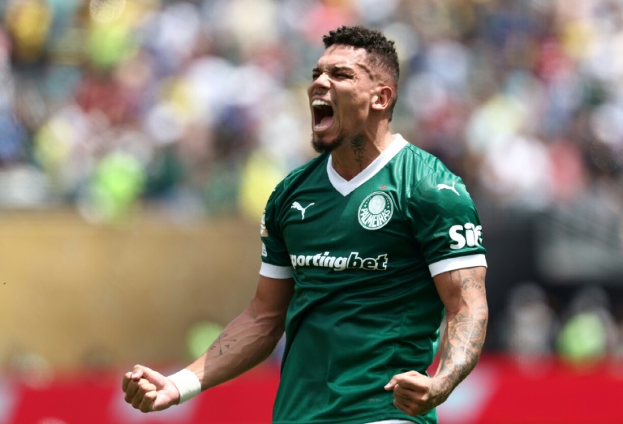 Paulinho celebrates after scoring for Palmeiras against Botafogo at the Club World Cup on Saturday