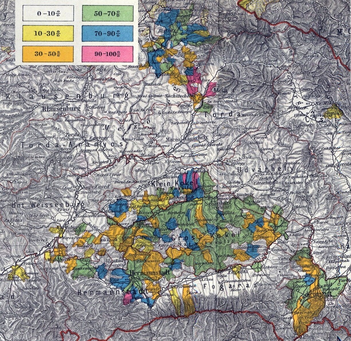 The distribution of Saxons in Transylvania during the 1890 census.