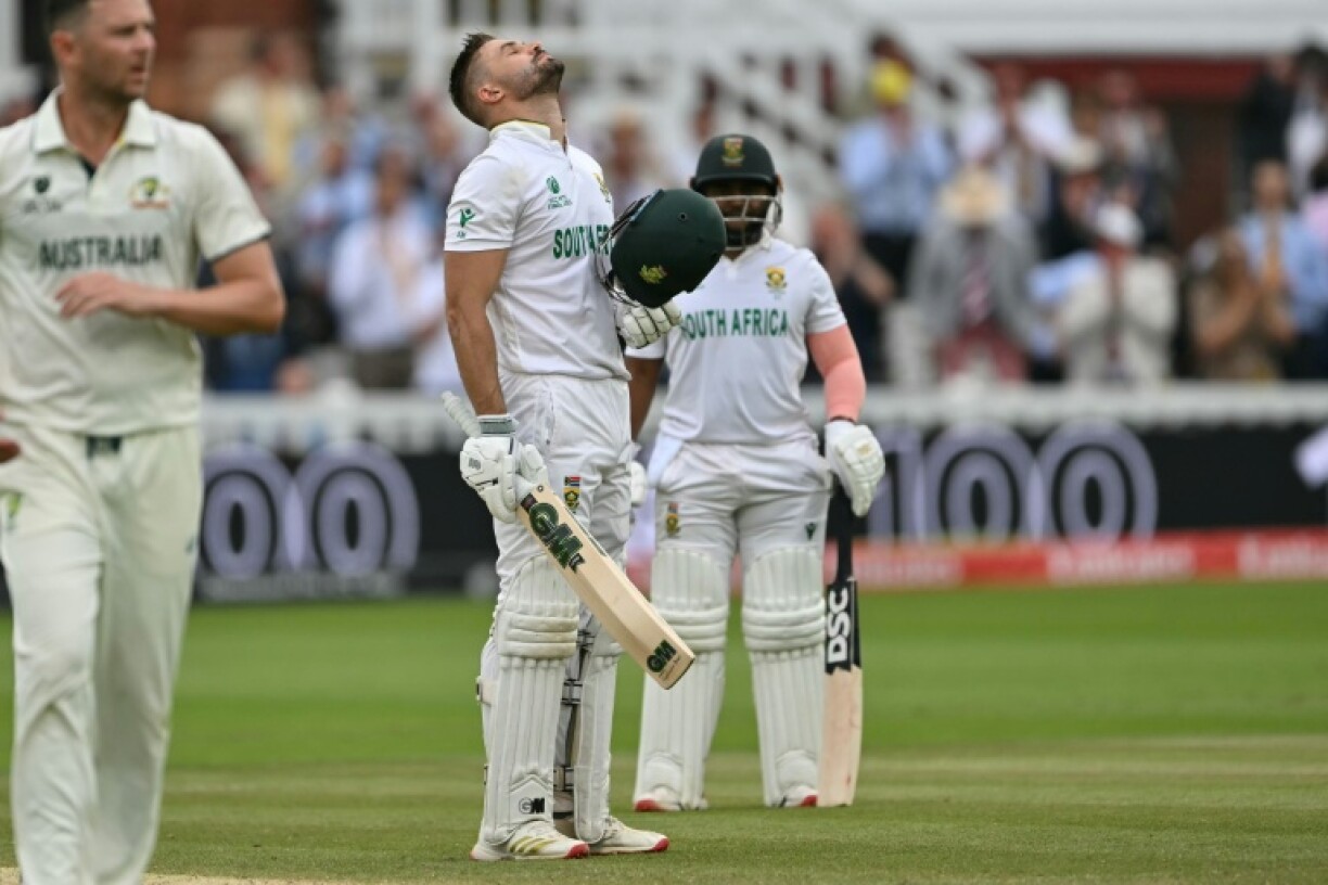 South Africa's Aiden Markram celebrates after reaching his century in the World Test Championship final at Lord's