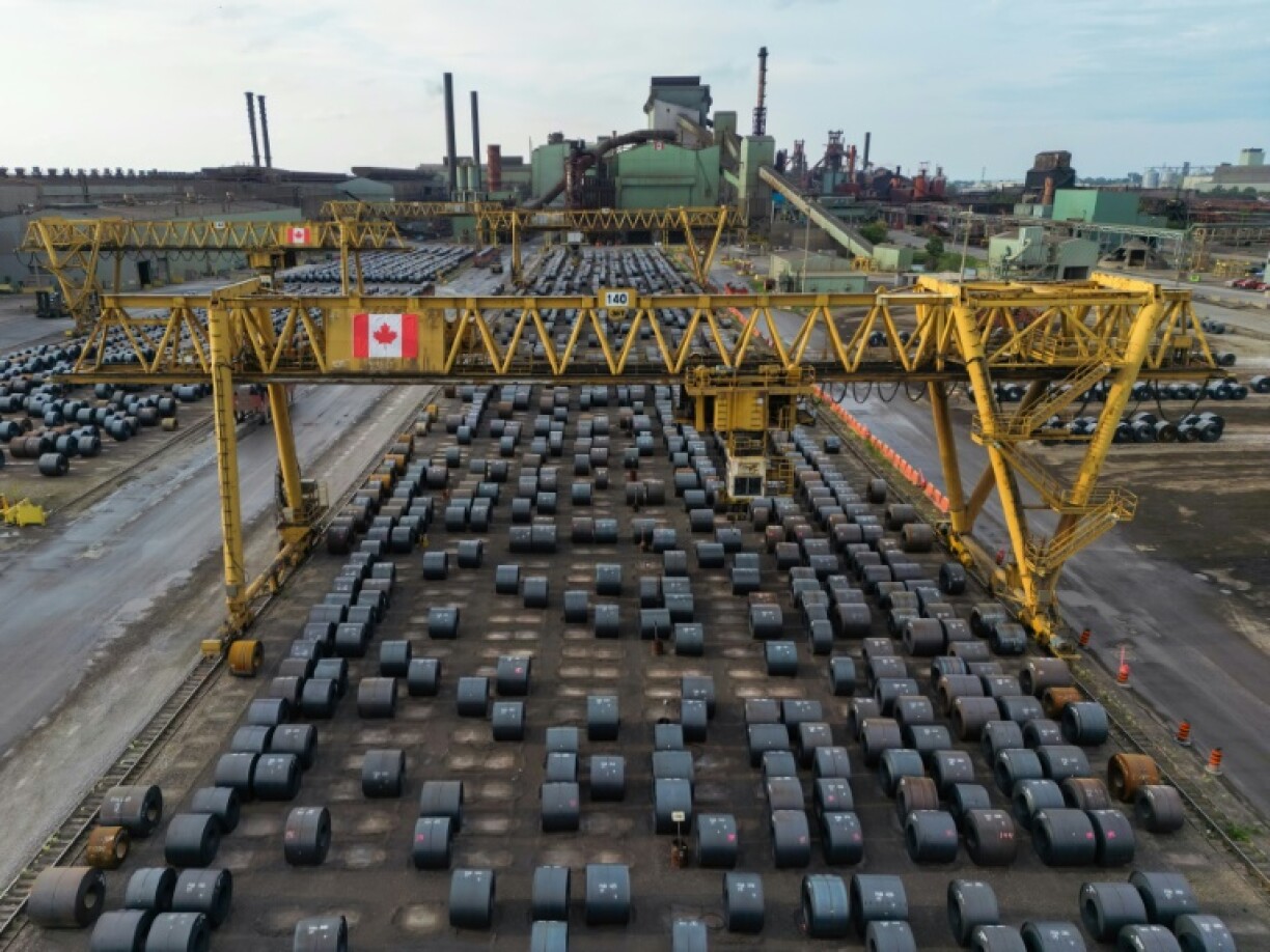 Steel coils sitting in the yard at ArcelorMittal Dofasco's steel mill in Hamilton, Canada, which now face 50 percent tariffs to enter the United States