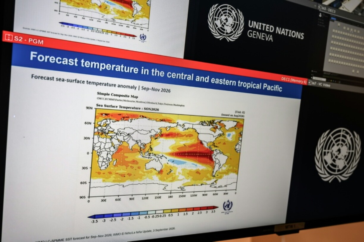 Un graphique montrant l'évoluation du phénomène El Nino, lors d'une conférence de presse de l'Organisation météorologique mondiale à Genève, le 3 septembre 2026