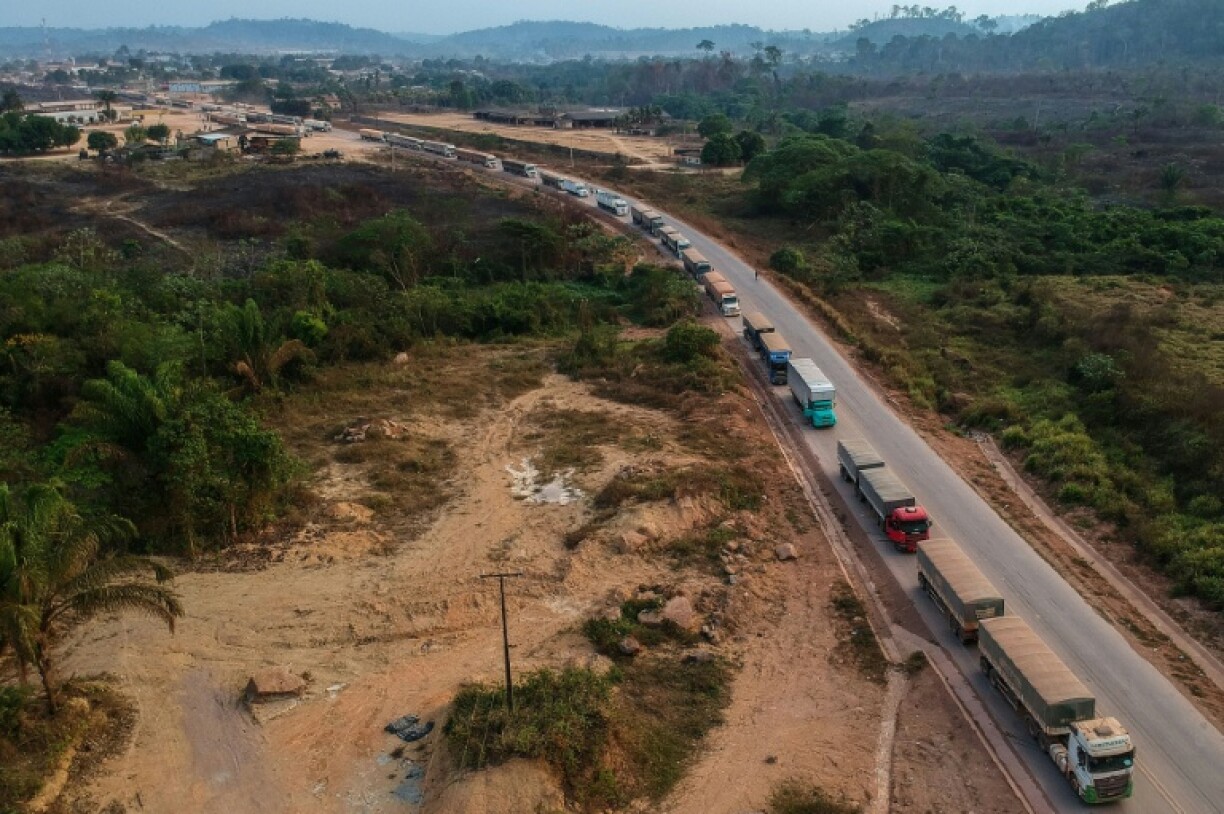 Aerial view of trucks queueing along the BR163 highway in the Amazon rainforest