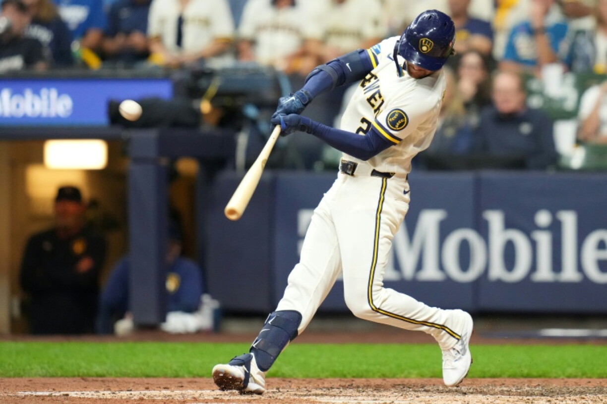 Milwaukee's Brice Turang hits a home run in the Brewers' victory over the Los Angeles Dodgers in game one of baseball's National League Championship Series