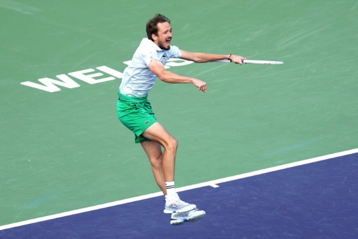 Russian Daniil Medvedev celebrates match point against Arthur Fils in the quarter-finals at Indian Wells