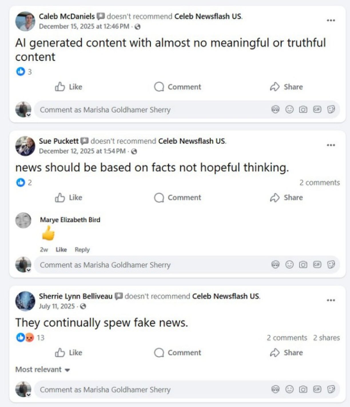 Screenshot taken January 2, 2025 of poor reviews posted on the Celeb NewsFlash US Facebook page