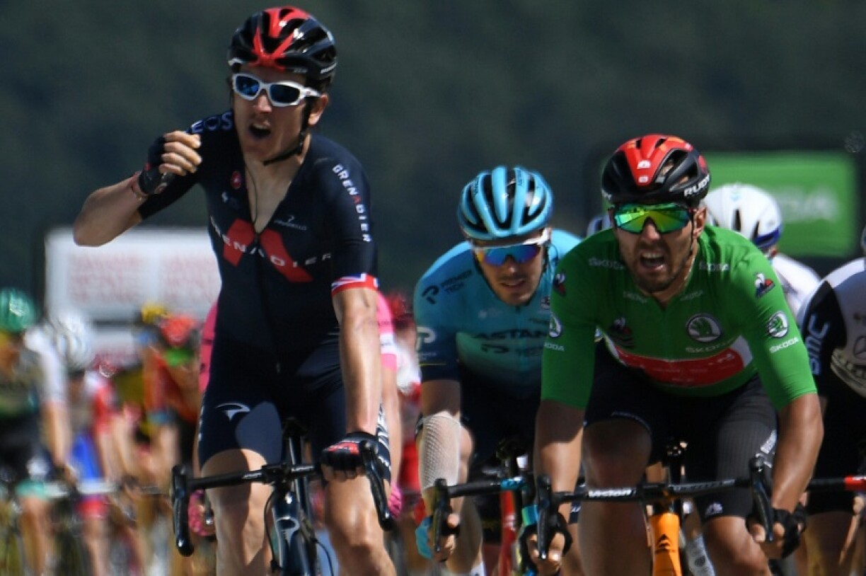 Le Gallois Geraint Thomas (g) vainqueur de la 5e étape du Critérium du Dauphiné, entre Saint-Chamond et Saint-Vallier, le 3 juin 2021