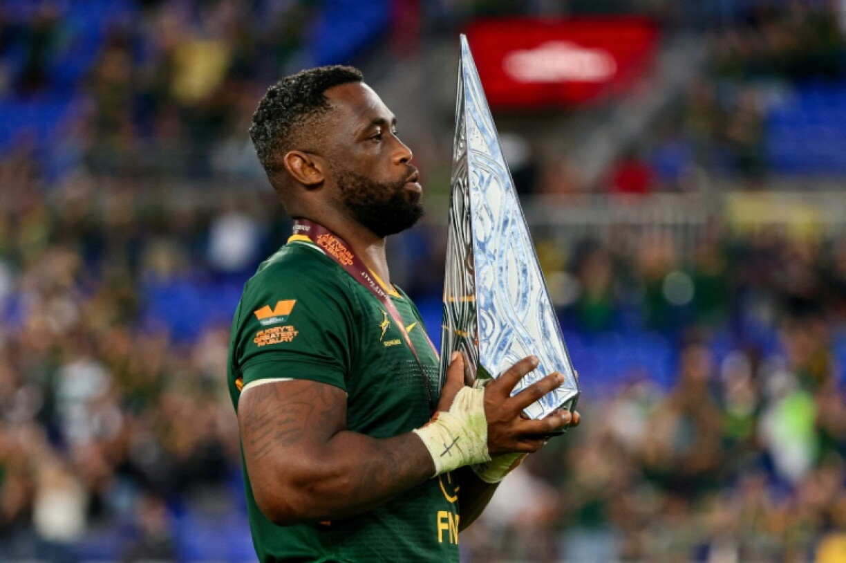 South Africa captain Siya Kolisi holds the 'Greatest Rivalry' trophy after a 3-1 series victory over New Zealand.