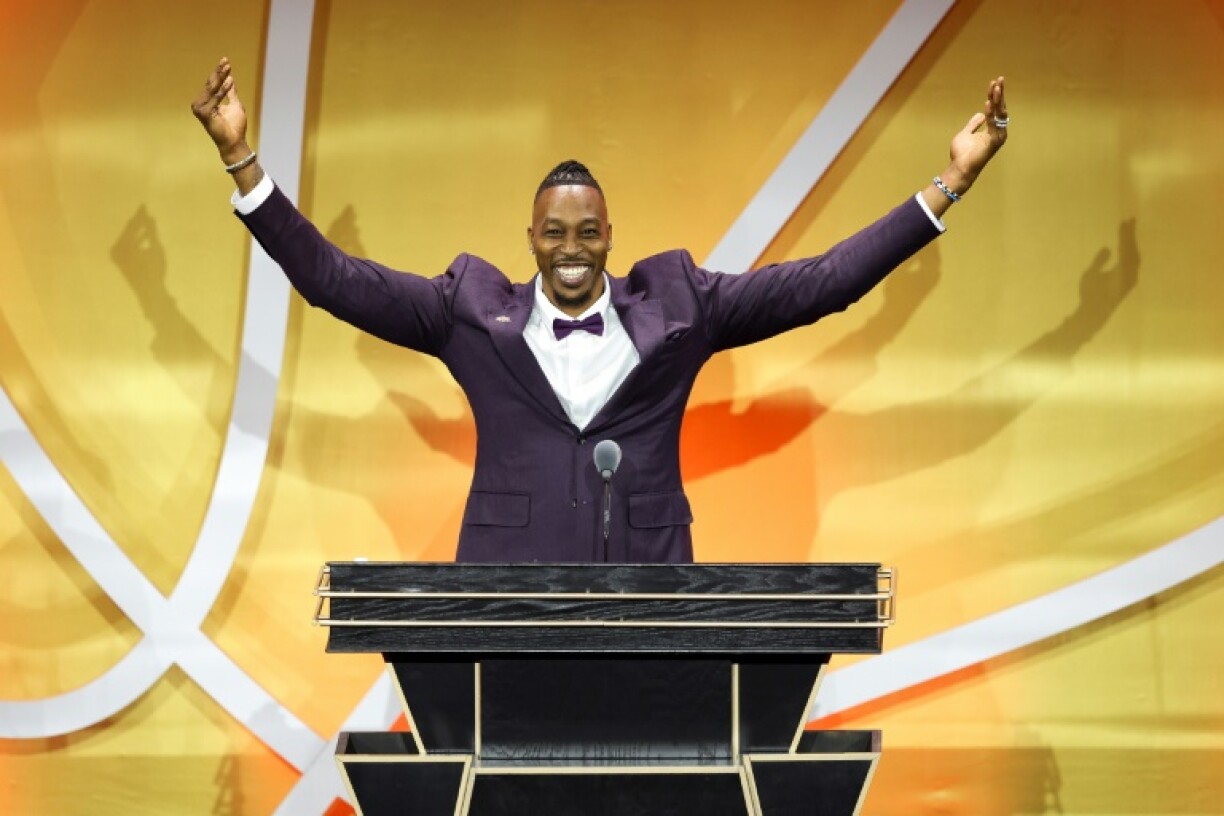 Dwight Howard reacts while addressing the crowd at the 2025 Basketball Hall of Fame enshrinement ceremony at Springfield, Massachusetts