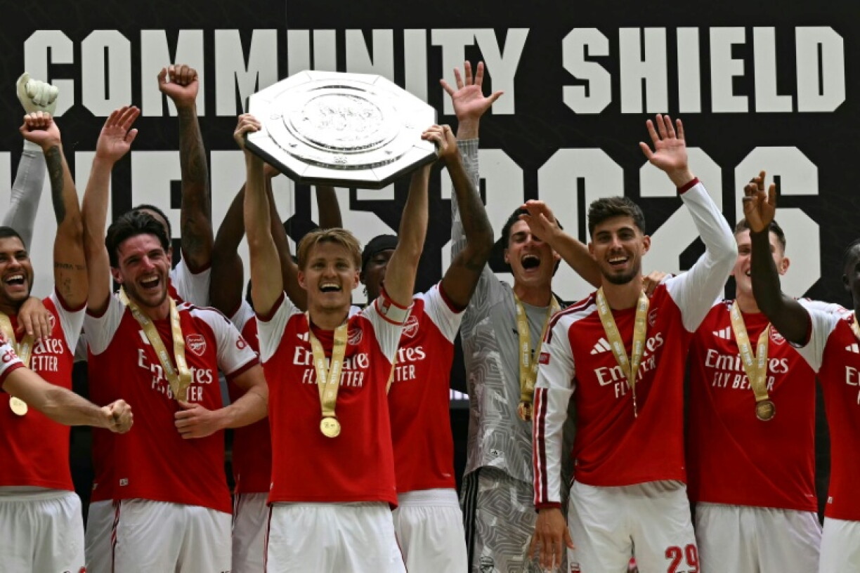 Arsenal's Martin Odegaard lifts the Community Shield
