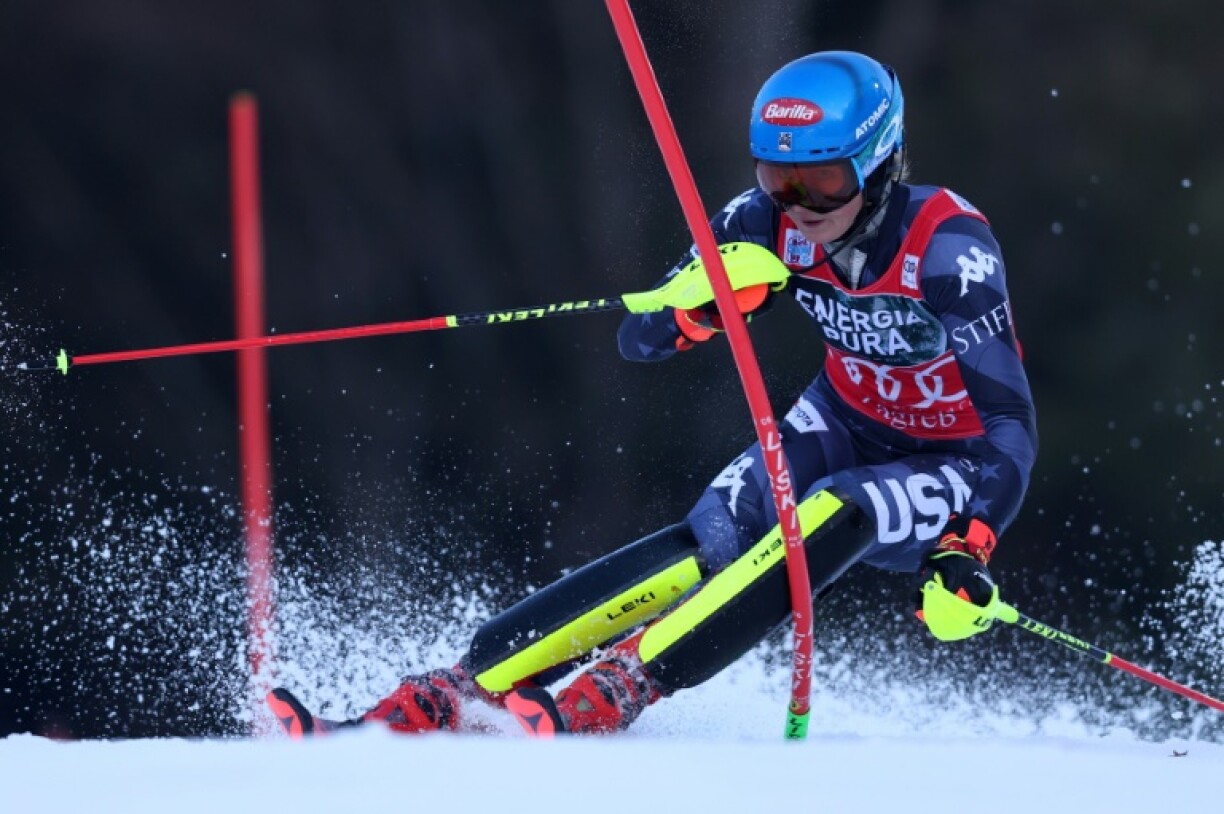 Mikaela Shiffrin lors de la première manche du slalom de Zagreb le 4 janvier 2023. Déjà en tête après le premier passage, l'Américaine a enfoncé le clou sur le second tracé d'une piste rendue difficile par les températures douces des derniers jours
