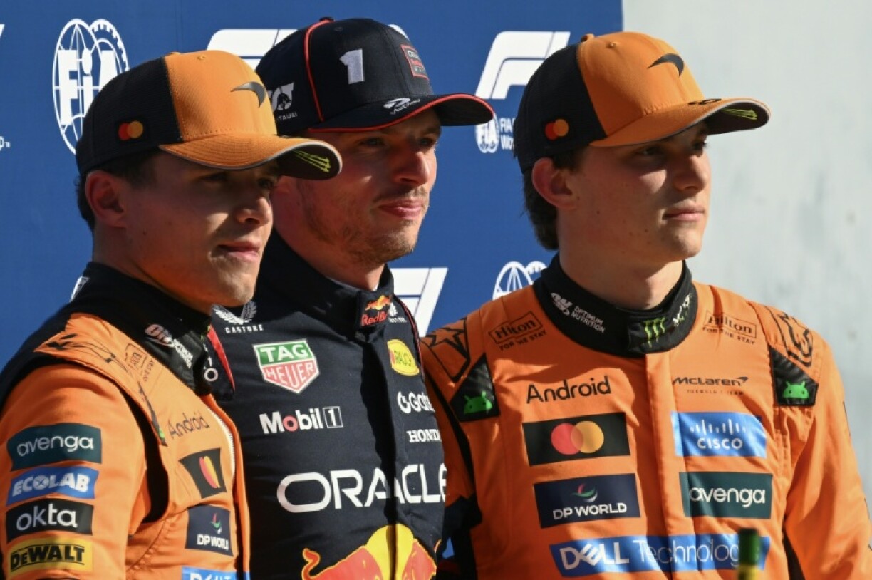 Max Verstappen (centre) is becoming a threat the McLaren pair of Oscar Piastri (right) and Lando Norris