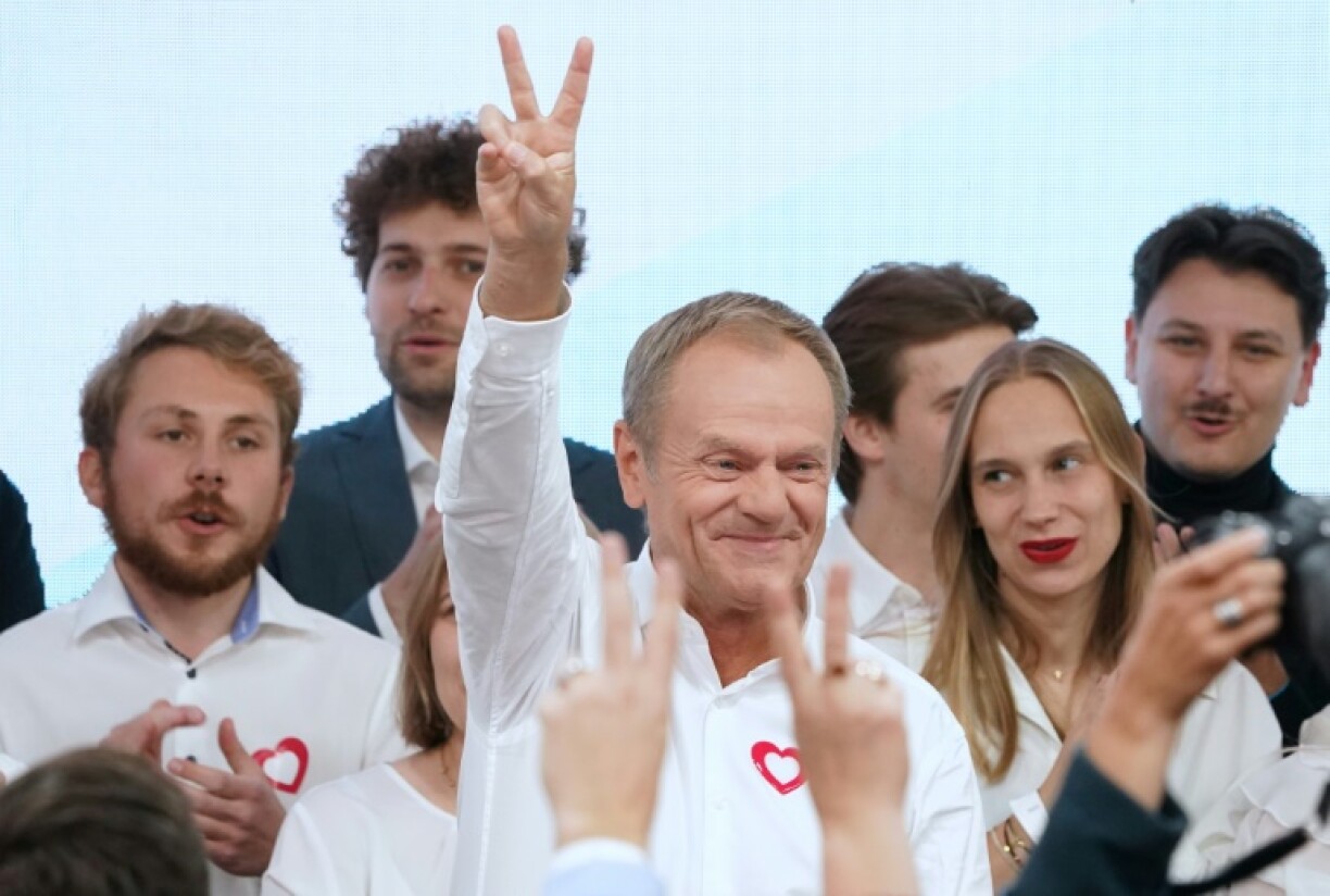 Donald Tusk, leader de l'opposition centriste pro-européenne Coalition civique, s'adresse à ses partisans après les sondages à la sortie des urnes, le 15 octobre 2023 à Varsovie, en Pologne