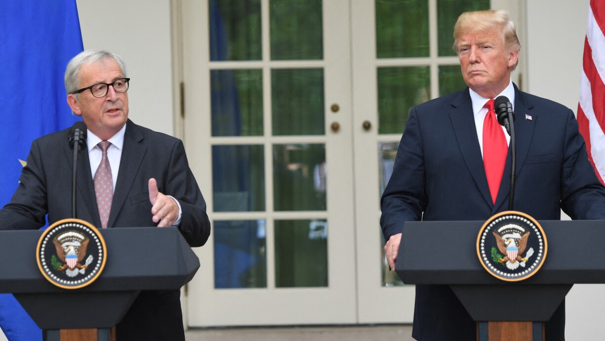 Jean-Claude Juncker alongside Donald Trump in the White House Rose Garden on 25 July 2018.