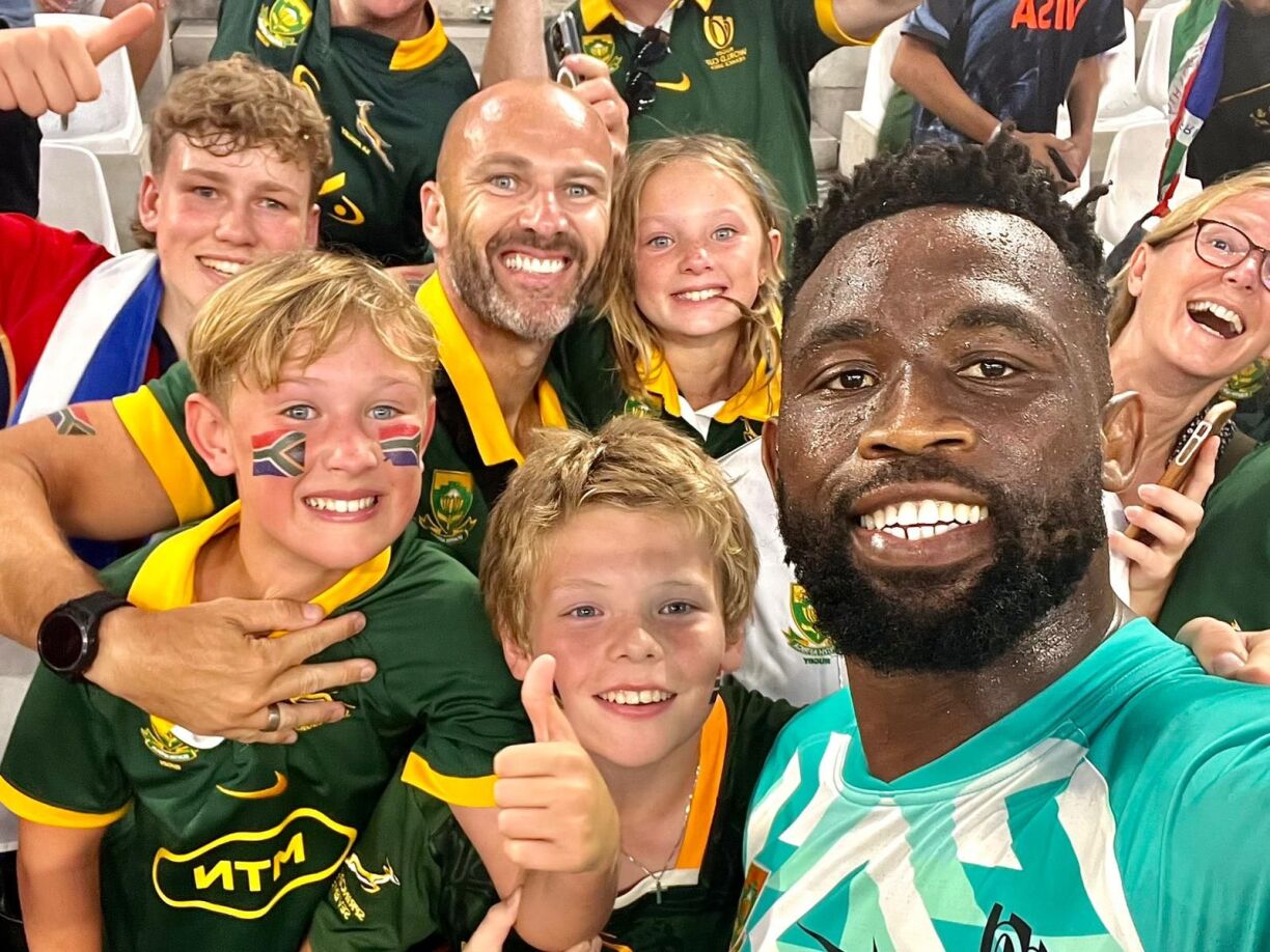 The Swart family with South African captain Siya Kolisi after the World Cup fixture in Marseille.
